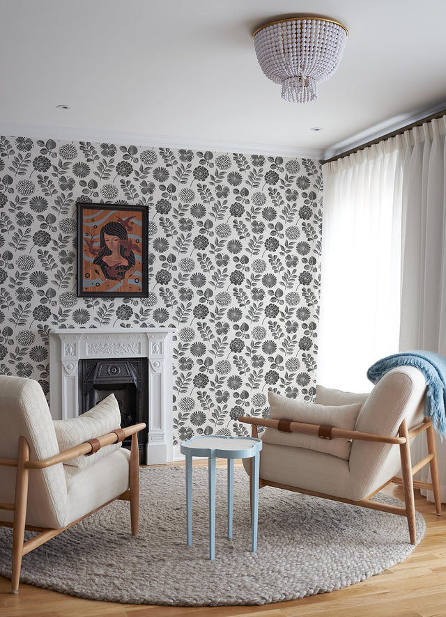 Inge Black Floral Block Print Wallpaper with Botanical Scandinavian Style - A-Street Prints 4066-26534