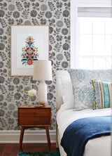Inge Black Floral Block Print Wallpaper with Botanical Scandinavian Style - A-Street Prints 4066-26534
