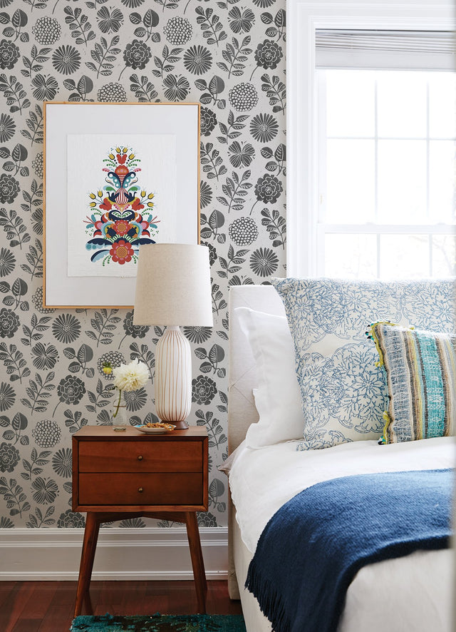Inge Black Floral Block Print Wallpaper with Botanical Scandinavian Style - A-Street Prints 4066-26534