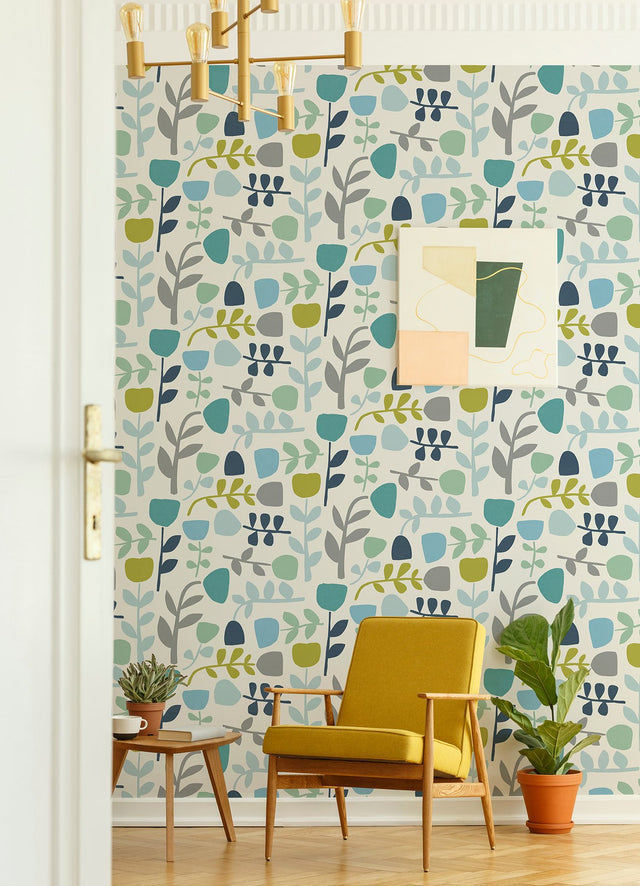 Juni Teal Abstract Tulips Wallpaper with Scandinavian Abstract Botanical Motif - A-Street Prints 4066-26536