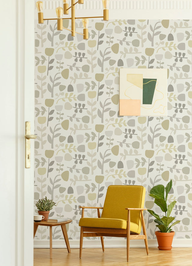 Juni Neutral Abstract Tulips Wallpaper with Scandinavian Botanical Block-Print - Brewster 4066-26537