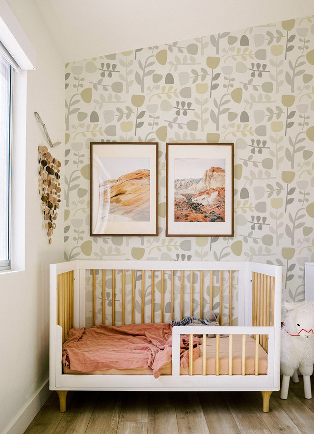 Juni Neutral Abstract Tulips Wallpaper with Scandinavian Botanical Block-Print - Brewster 4066-26537