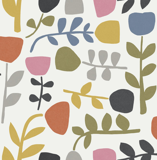 Juni Multicolor Abstract Tulips Wallpaper with Scandinavian Abstract Botanical Pattern - A-Street Prints 4066-26538