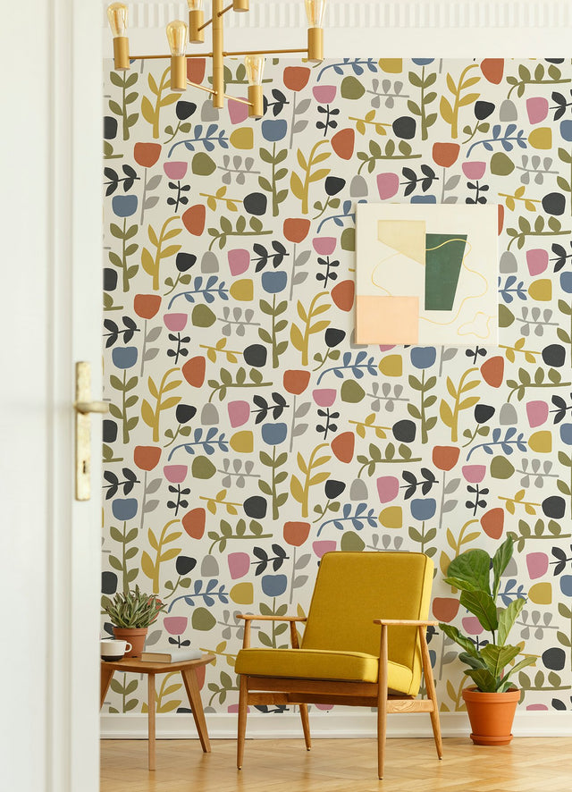 Juni Multicolor Abstract Tulips Wallpaper with Scandinavian Abstract Botanical Pattern - A-Street Prints 4066-26538