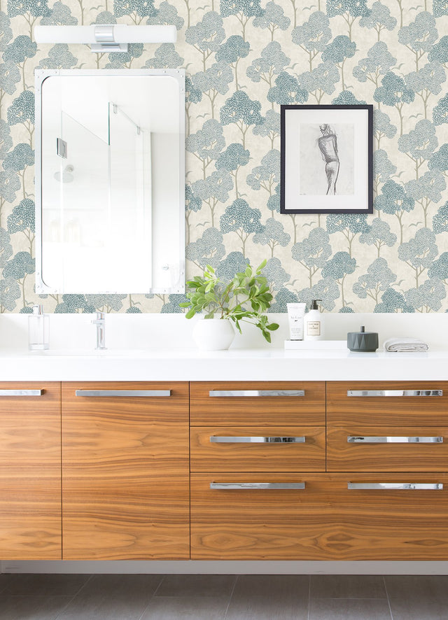 Lykke Blue Textured Tree Wallpaper with Botanical Trees Motif - Brewster 4066-26540