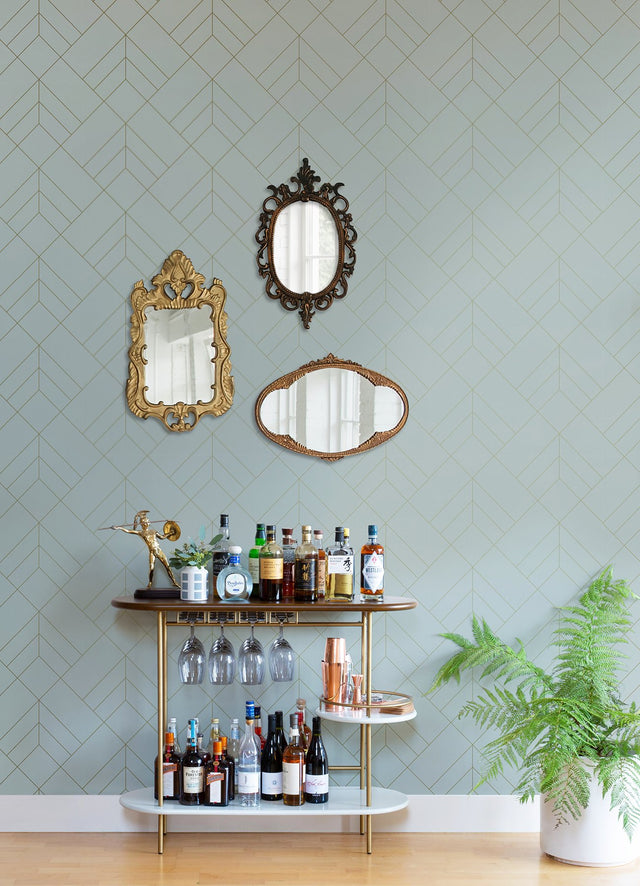 Sander Light Blue Geometric Wallpaper with Metallic Diamond Grid - A-Street Prints 4066-26547