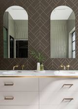 Sander Chocolate Geometric Wallpaper with Metallic Art Deco Diamond Grid - Brewster 4066-26549