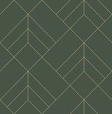 Sander Evergreen Geometric Wallpaper with Metallic Gold Diamond Lines - Brewster 4066-26550