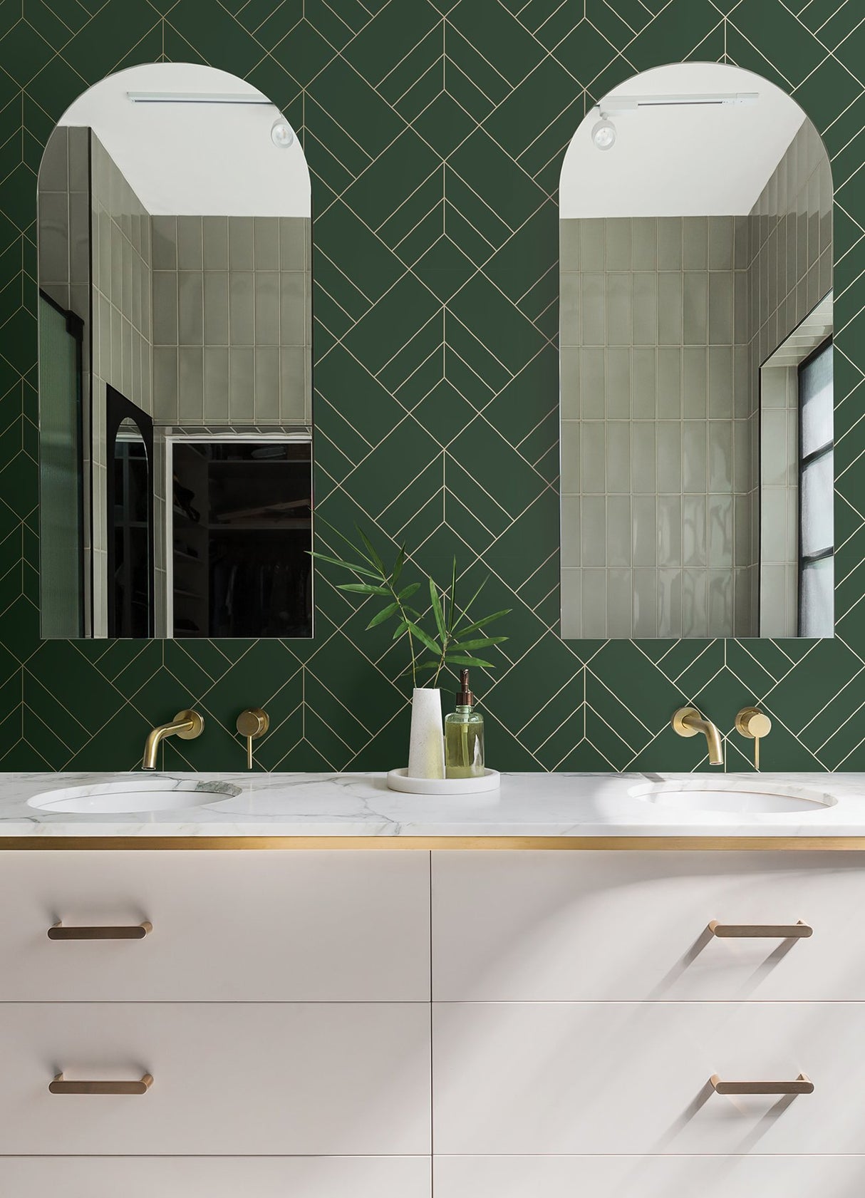 Sander Evergreen Geometric Wallpaper with Metallic Gold Diamond Lines - Brewster 4066-26550