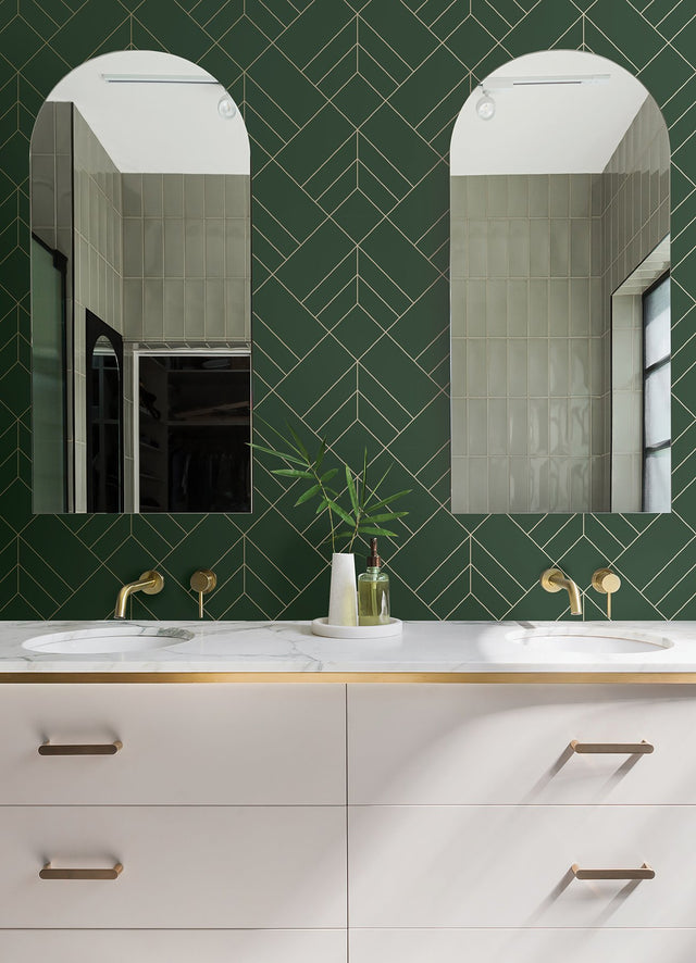 Sander Evergreen Geometric Wallpaper with Metallic Gold Diamond Lines - Brewster 4066-26550
