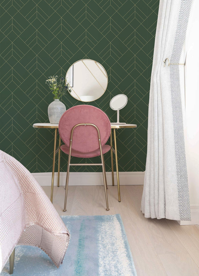 Sander Evergreen Geometric Wallpaper with Metallic Gold Diamond Lines - Brewster 4066-26550