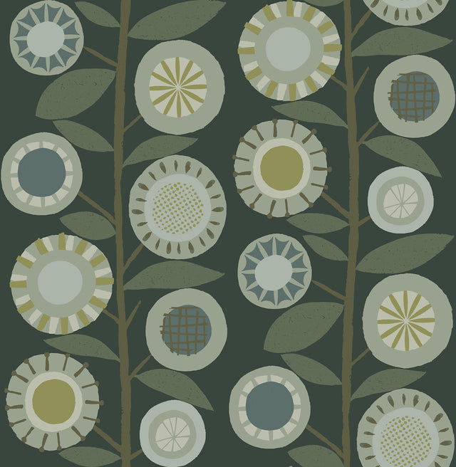 Sisu Evergreen Floral Geometric Wallpaper with Retro Floral Graphics - Brewster 4066-26551