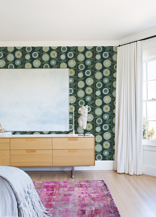 Sisu Evergreen Floral Geometric Wallpaper with Retro Floral Graphics - Brewster 4066-26551