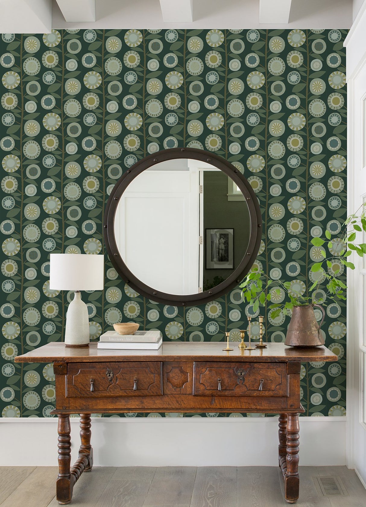 Sisu Evergreen Floral Geometric Wallpaper with Retro Floral Graphics - Brewster 4066-26551