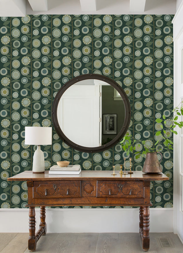 Sisu Evergreen Floral Geometric Wallpaper with Retro Floral Graphics - Brewster 4066-26551