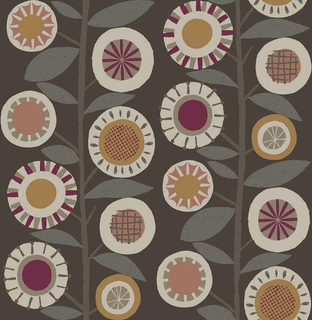 Sisu Raspberry Floral Geometric Wallpaper with Retro Floral Motif - Brewster 4066-26552