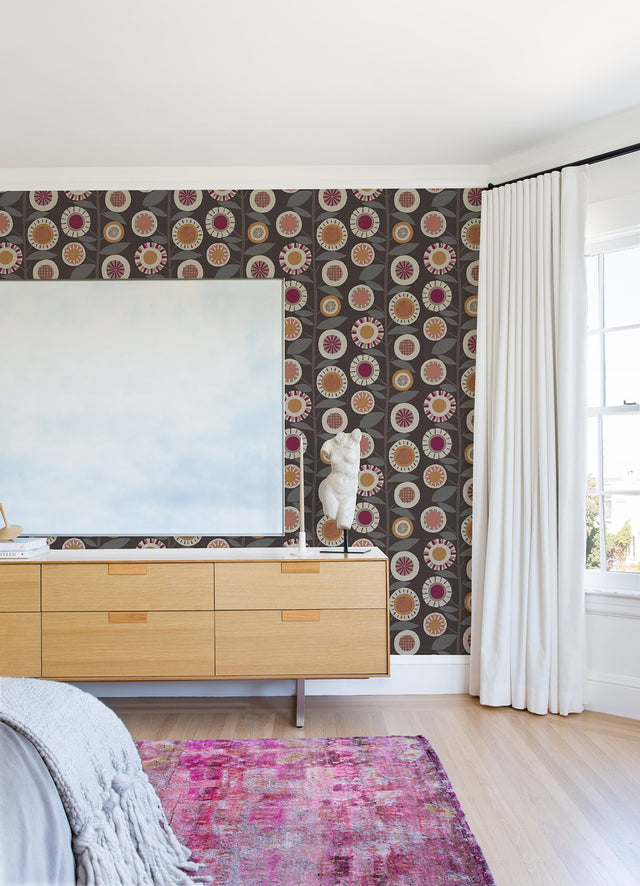Sisu Raspberry Floral Geometric Wallpaper with Retro Floral Motif - Brewster 4066-26552