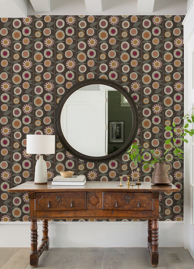 Sisu Raspberry Floral Geometric Wallpaper with Retro Floral Motif - Brewster 4066-26552