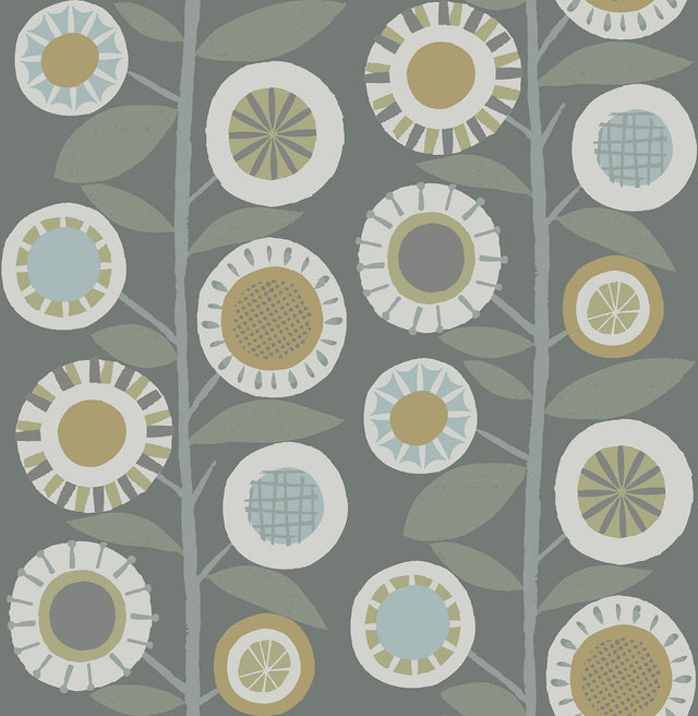 Sisu Grey Floral Geometric Wallpaper with Retro Graphic Flowers - A-Street Prints 4066-26553