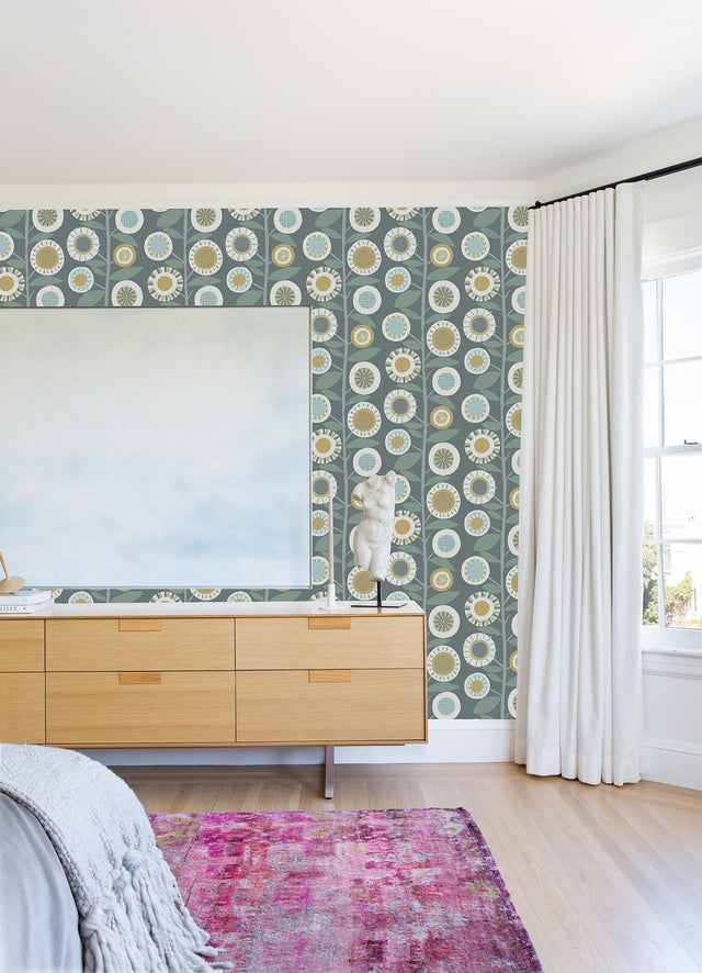 Sisu Grey Floral Geometric Wallpaper with Retro Graphic Flowers - A-Street Prints 4066-26553