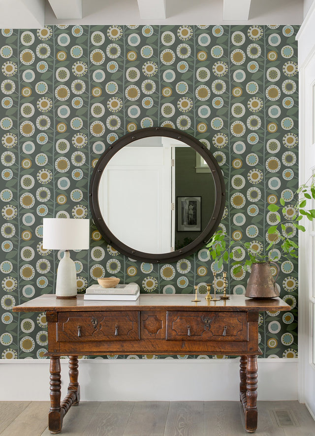 Sisu Grey Floral Geometric Wallpaper with Retro Graphic Flowers - A-Street Prints 4066-26553