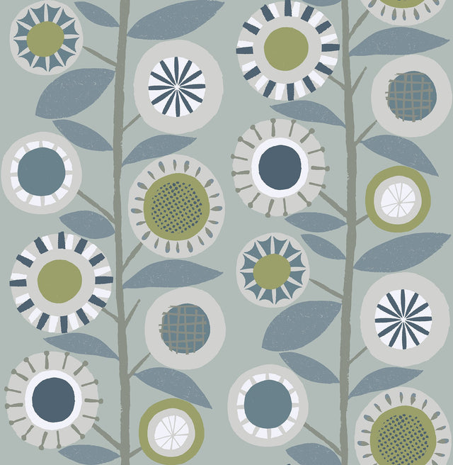 Sisu Light Blue Floral Geometric Wallpaper with Retro Graphic Flower Motif - A-Street Prints 4066-26554