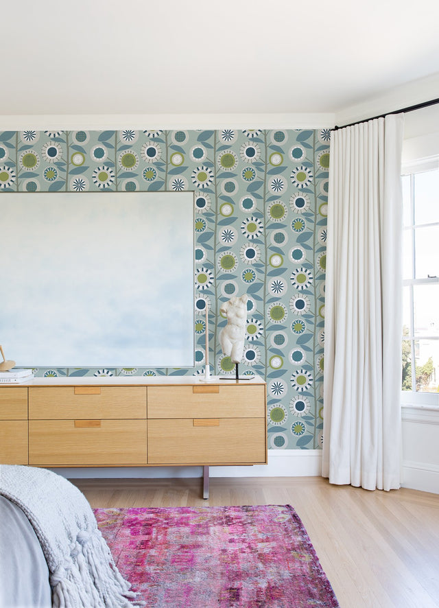 Sisu Light Blue Floral Geometric Wallpaper with Retro Graphic Flower Motif - A-Street Prints 4066-26554