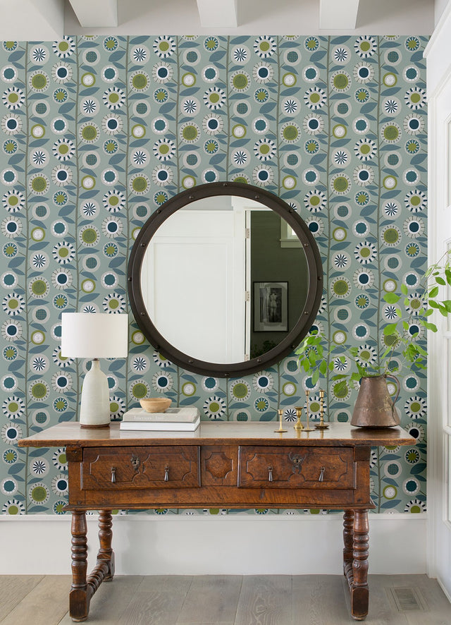 Sisu Light Blue Floral Geometric Wallpaper with Retro Graphic Flower Motif - A-Street Prints 4066-26554