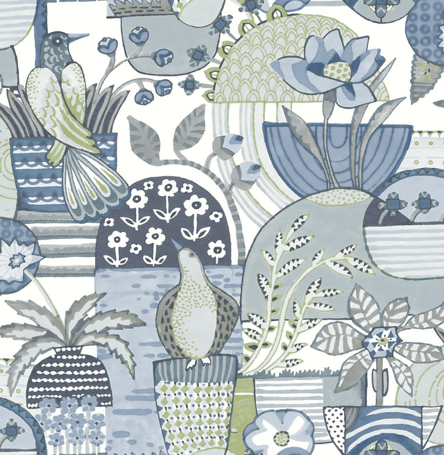 Fika Blue Blissful Birds & Blooms Wallpaper with Eclectic Botanical Novelty Pattern - A-Street Prints 4066-26555