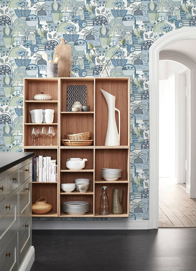 Fika Blue Blissful Birds & Blooms Wallpaper with Eclectic Botanical Novelty Pattern - A-Street Prints 4066-26555