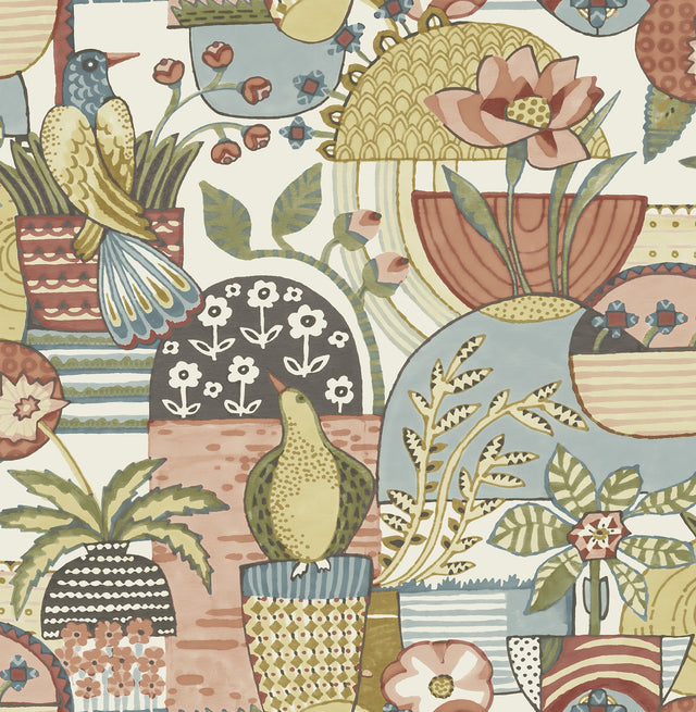 Fika Mustard Blissful Birds & Blooms Wallpaper with Eclectic Botanical Novelty Pattern - Brewster 4066-26556