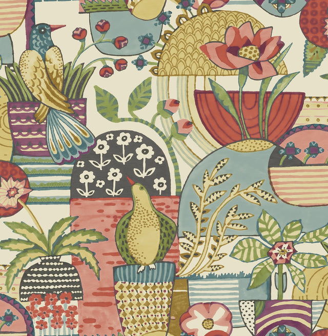 Fika Plum Blissful Birds & Blooms Wallpaper with Eclectic Botanical Novelty Pattern - A-Street Prints 4066-26558