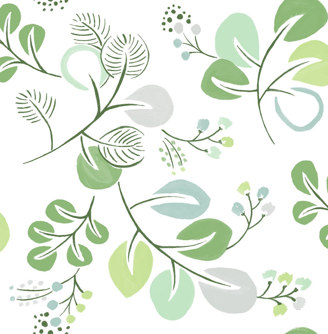 Jonah Light Green Leaf Trail Wallpaper with Botanical Leaves Pattern, Farmhouse Style - Brewster 4066-26565