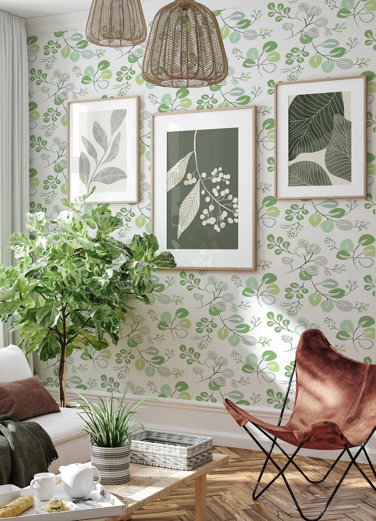 Jonah Light Green Leaf Trail Wallpaper with Botanical Leaves Pattern, Farmhouse Style - Brewster 4066-26565