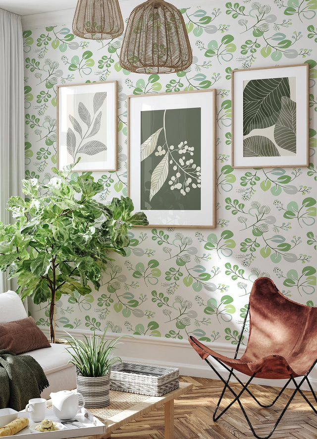 Jonah Light Green Leaf Trail Wallpaper with Botanical Leaves Pattern, Farmhouse Style - Brewster 4066-26565