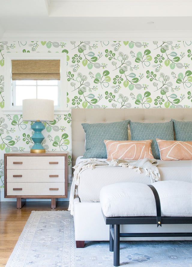 Jonah Light Green Leaf Trail Wallpaper with Botanical Leaves Pattern, Farmhouse Style - Brewster 4066-26565