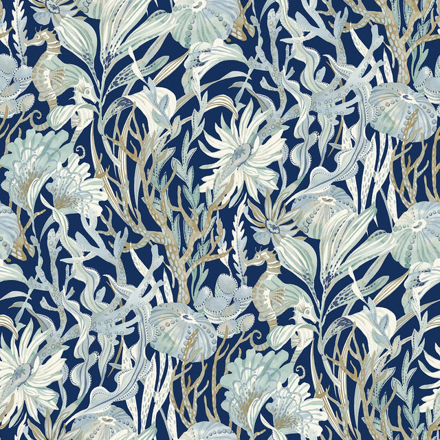 Kelp Garden Navy Tropical Reef Wallpaper with Coastal Undersea Motif - Chesapeake 4071-71001