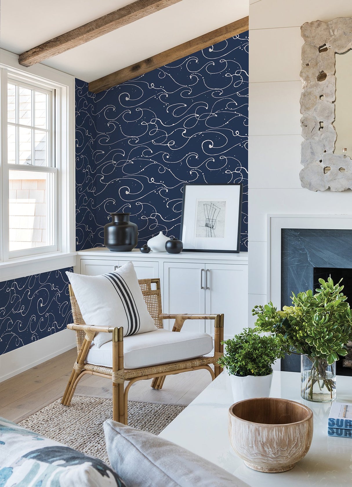 Kuroshio Navy Ocean Wave Wallpaper with Abstract Coastal Wave Motif - Chesapeake 4071-71004