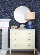 Kuroshio Navy Ocean Wave Wallpaper with Abstract Coastal Wave Motif - Chesapeake 4071-71004