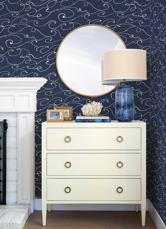 Kuroshio Navy Ocean Wave Wallpaper with Abstract Coastal Wave Motif - Chesapeake 4071-71004