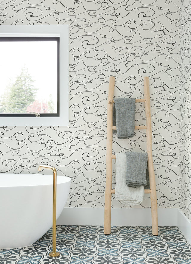 Kuroshio Charcoal Ocean Wave Wallpaper with Abstract Coastal Style - Chesapeake 4071-71008