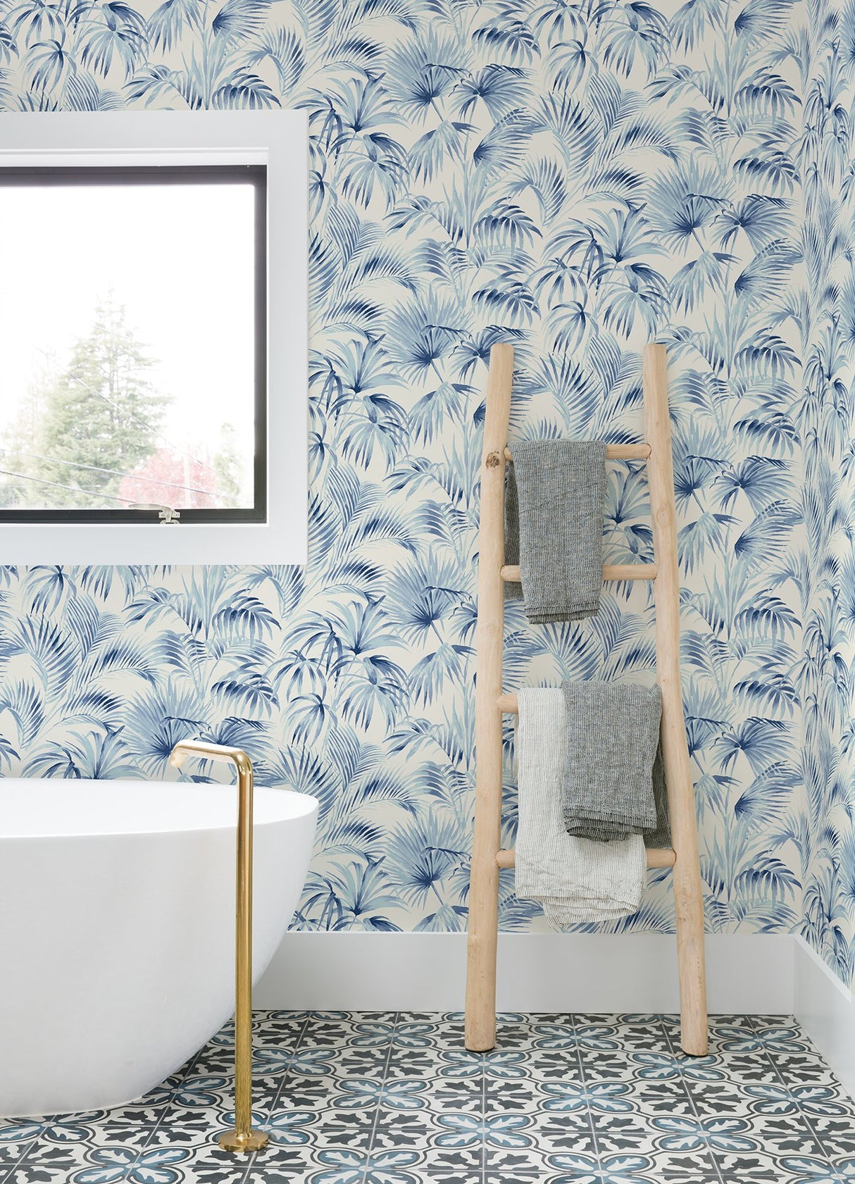 Manaus Blue Palm Frond Wallpaper with Bohemian Botanical Pattern - Chesapeake 4071-71016