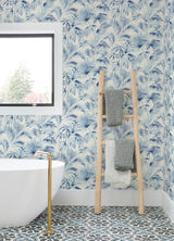 Manaus Blue Palm Frond Wallpaper with Bohemian Botanical Pattern - Chesapeake 4071-71016