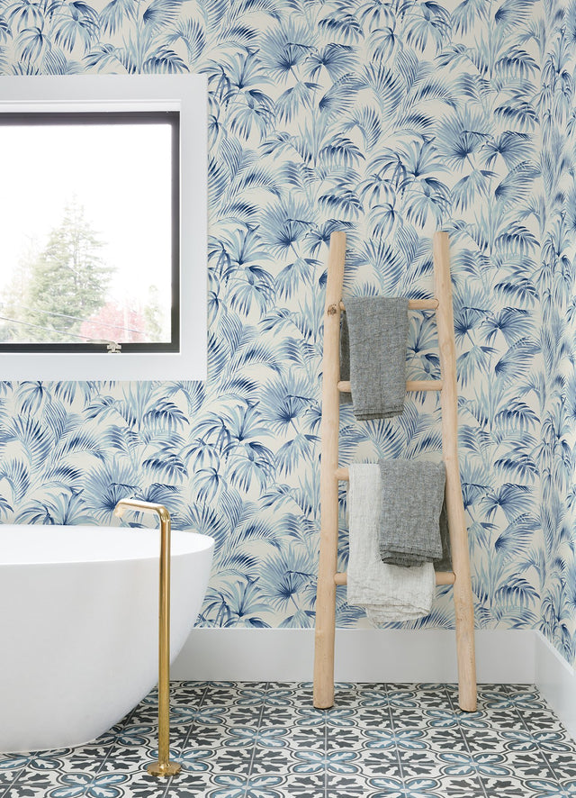 Manaus Blue Palm Frond Wallpaper with Bohemian Botanical Pattern - Chesapeake 4071-71016