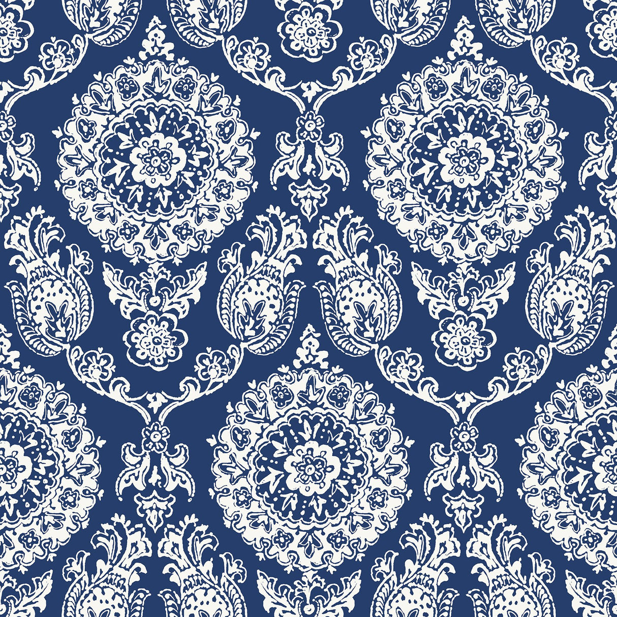 Helm Damask Navy Floral Medallion Wallpaper with Coastal Medallions Pattern - Chesapeake 4071-71018