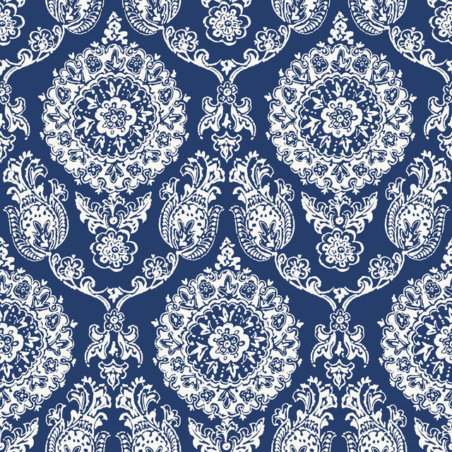 Helm Damask Navy Floral Medallion Wallpaper with Coastal Medallions Pattern - Chesapeake 4071-71018