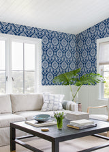 Helm Damask Navy Floral Medallion Wallpaper with Coastal Medallions Pattern - Chesapeake 4071-71018