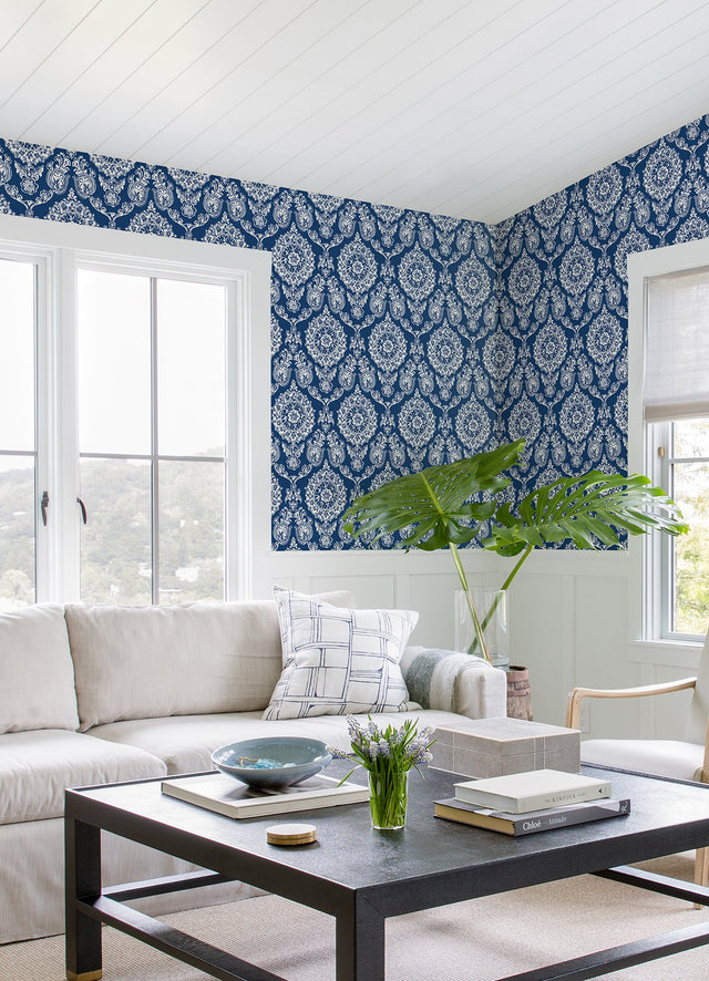 Helm Damask Navy Floral Medallion Wallpaper with Coastal Medallions Pattern - Chesapeake 4071-71018