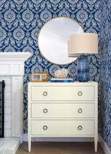 Helm Damask Navy Floral Medallion Wallpaper with Coastal Medallions Pattern - Chesapeake 4071-71018