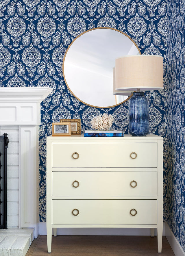 Helm Damask Navy Floral Medallion Wallpaper with Coastal Medallions Pattern - Chesapeake 4071-71018
